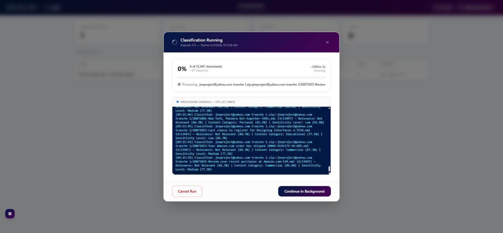 Classification running with real-time progress, processing console, and confidence scores