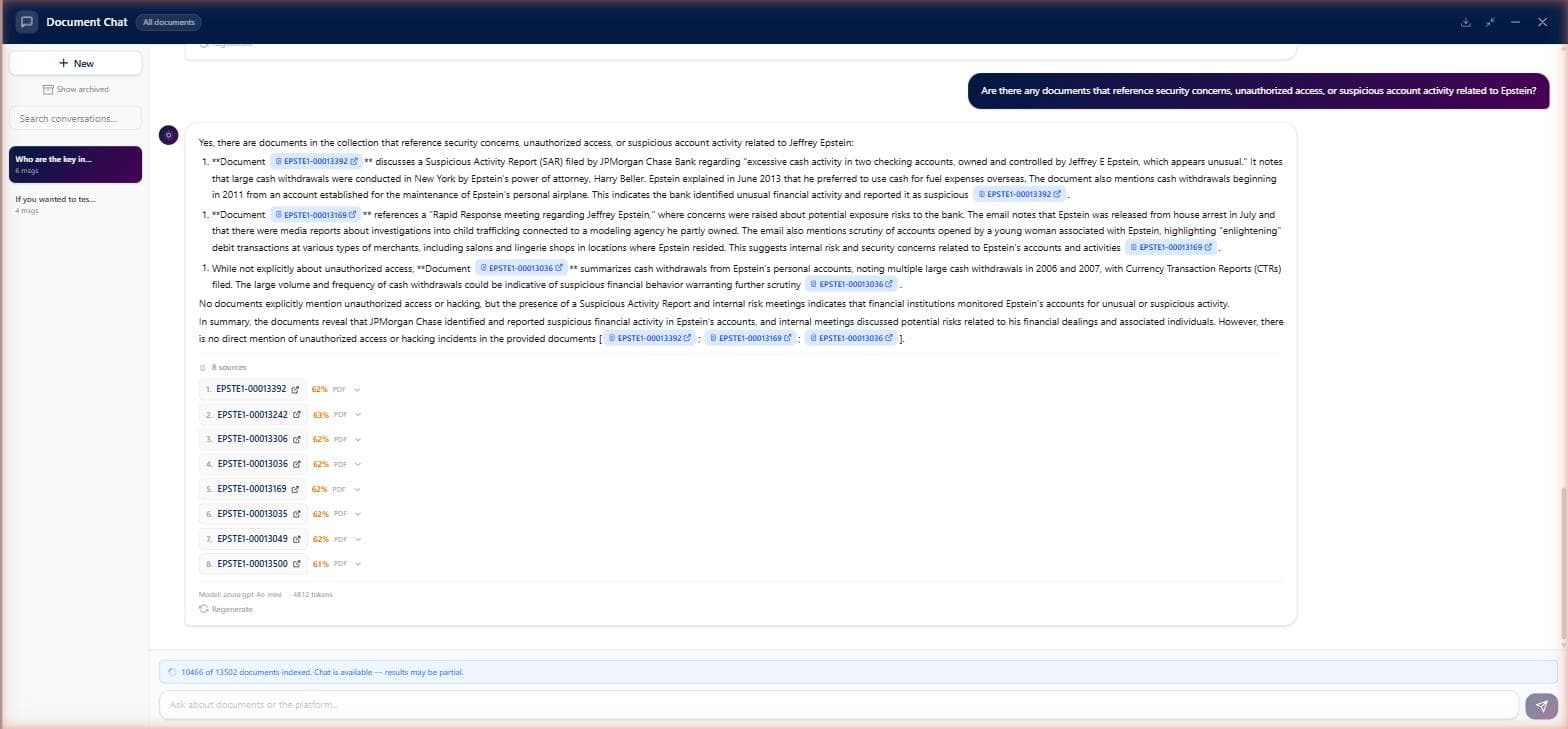AI Chat analysing security concerns with cited source documents and relevance scores