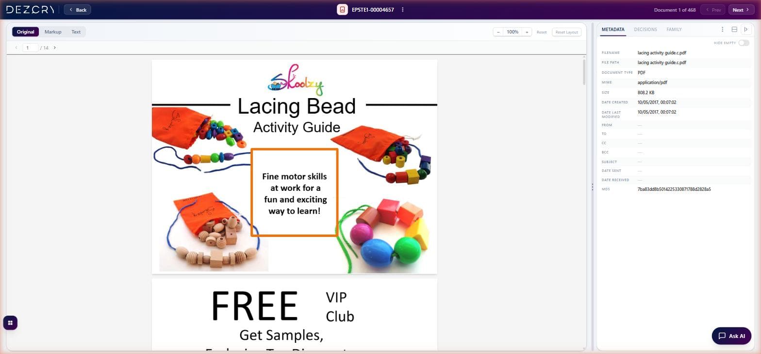 PDF document viewer showing visual preview with metadata panel