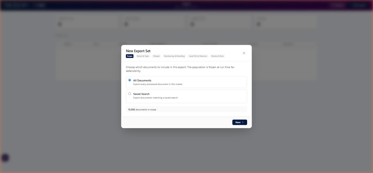Export wizard Step 1 showing scope selection with All Documents or Saved Search options