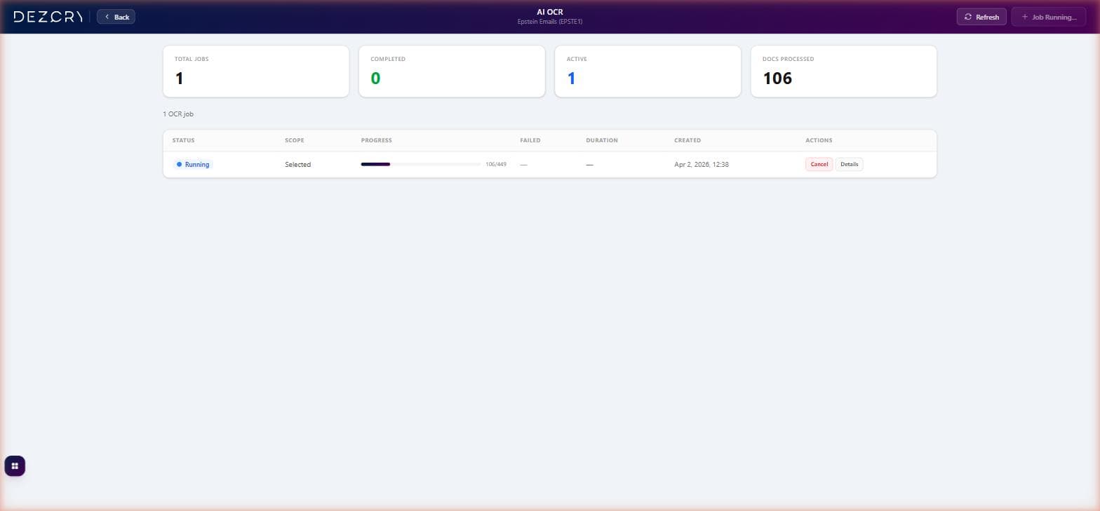 AI OCR dashboard showing running OCR job with progress bar