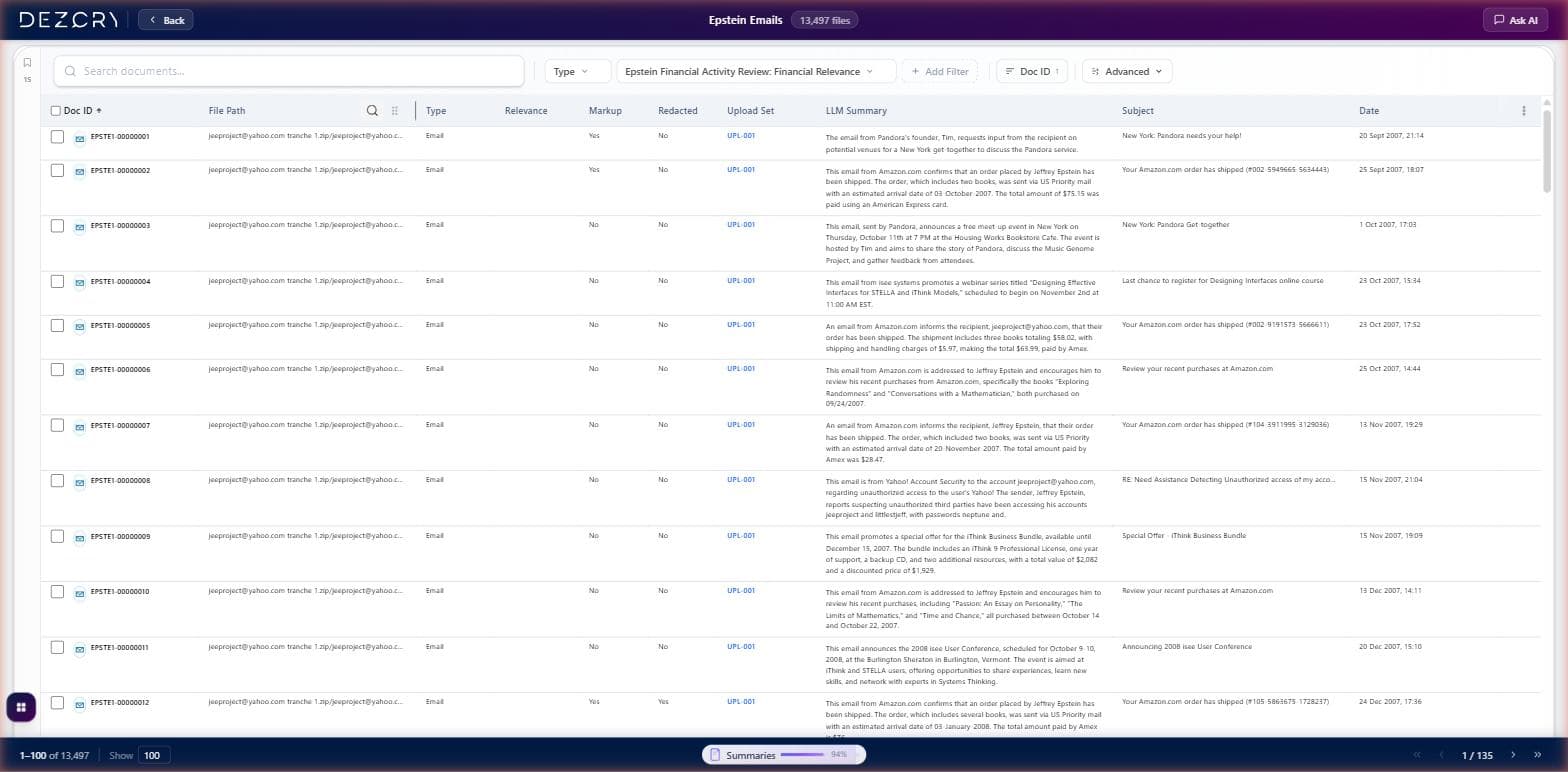Document list showing search results with email subjects, LLM summaries, and metadata columns